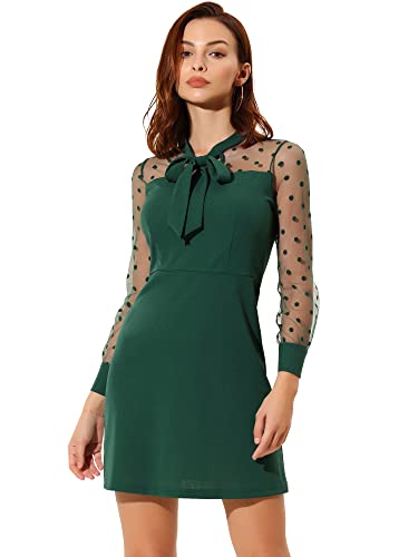 Allegra K Damen Partykleid Langarm V-Ausschnitt Polka Dots Krawatte Mesh Elegant Minikleid Grün S von Allegra K