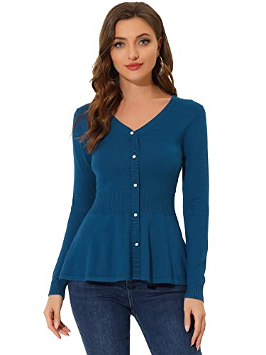 Allegra K Damen V-Ausschnitt Langarm Gerippter Pullover Strick Schößchen Top, denim-blau, 42 von Allegra K