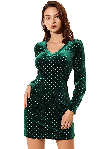 Allegra K Damen V-Ausschnitt Langarm Party Polka Dots Samt Lässiges Bodycon Minikleid Dunkelgrün M von Allegra K