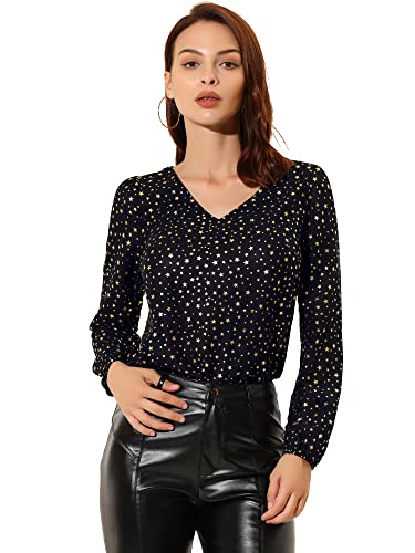 Allegra K Damen V-Ausschnitt Puff Langarm Chiffon Metallic Star Bluse Top Schwarz M von Allegra K