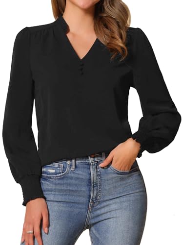 Allegra K Damen V-Ausschnitt Vintage Bluse Rüschenkragen Puffärmel Langarm Freizeitblusen Schwarz S von Allegra K