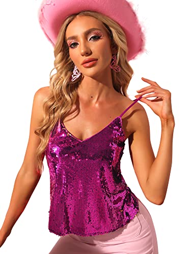 Allegra K Damen Festliches Oberteil Glitzer Top Spaghetti Party Club Camisole Pailletten Shirt Fuchsia Gold M von Allegra K