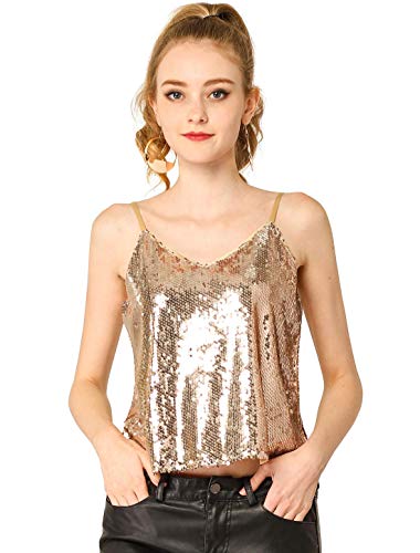 Allegra K Damen Pailletten Oberteil Glitzer Top Spaghetti Party Club Camisole Metallic Festival Shirt Top Gold L von Allegra K