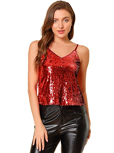 Allegra K Damen Festliches Oberteil Glitzer Top Spaghetti Party Club Camisole Pailletten Shirt Rot XS von Allegra K