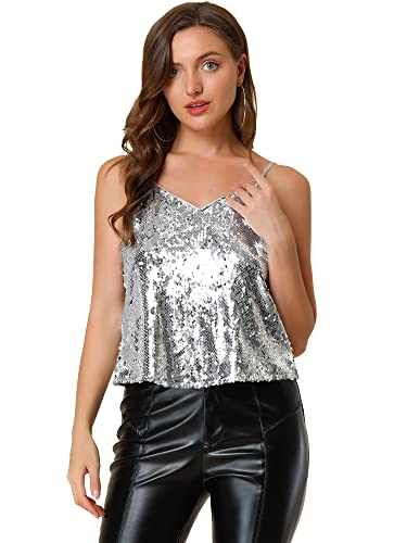 Allegra K Damen Pailletten Oberteil Glitzer Top Spaghetti Party Club Camisole Metallic Festival Shirt Top Silber L von Allegra K