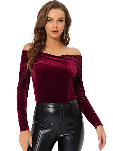 Allegra K Damen Velvet Bluse Langarm Schulterfrei Festlich Party Samt Oberteil Top Bluse Burgunderrot XS von Allegra K