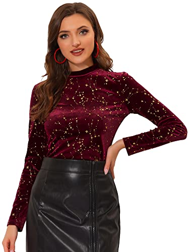 Allegra K Damen Velvet Bluse Langarmshirt Stehkragen Glitzer Sterne Samt Oberteil Elegant Bluse Burgunderrot L von Allegra K