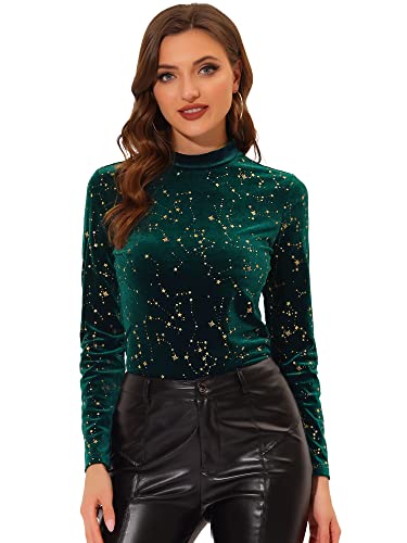 Allegra K Damen Velvet Bluse Langarmshirt Stehkragen Glitzer Sterne Samt Oberteil Elegant Bluse Grün L von Allegra K