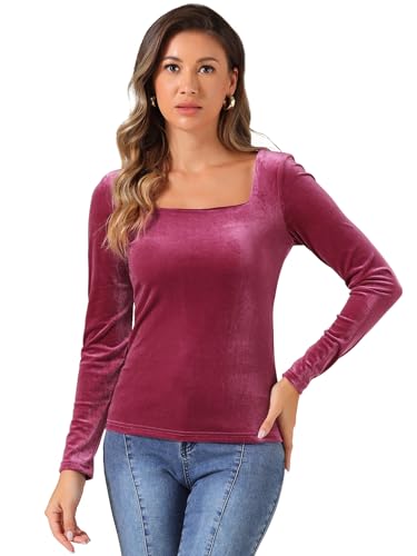 Allegra K Damen Velvet Oberteil Langarm Eckigem Ausschnitt Samt T-Shirt Bluse Pink XL von Allegra K