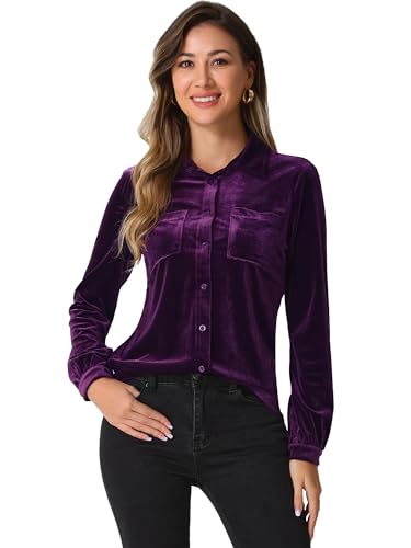 Allegra K Damen Velvet Oberteil Langarm Hemdkragen Knopfleiste Einfarbig Arbeits Samt Top Bluse Dunkel Lila XL von Allegra K