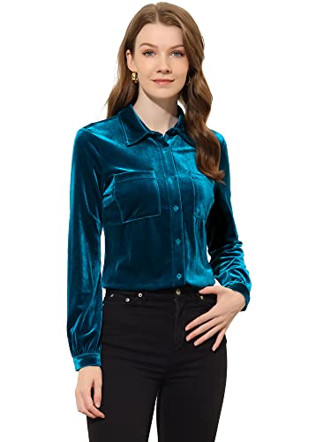 Allegra K Damen Velvet Oberteil Langarm Hemdkragen Knopfleiste Einfarbig Arbeits Samt Top Bluse Königsblau XL von Allegra K