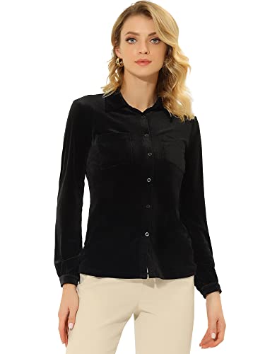 Allegra K Damen Velvet Oberteil Langarm Hemdkragen Knopfleiste Einfarbig Arbeits Samt Top Bluse Schwarz L von Allegra K