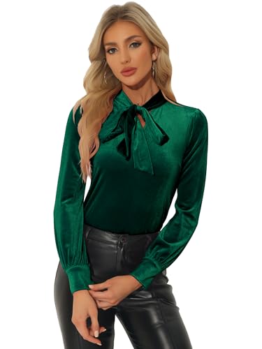 Allegra K Damen Velvet Oberteil Langarm Krawatten Ausschnitt Casual Arbeit Samt Top Bluse Dunkelgrün L von Allegra K