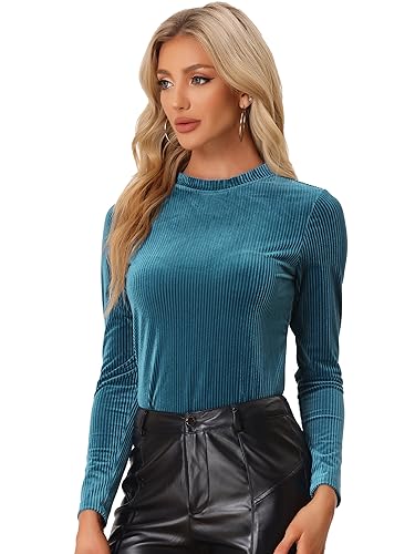 Allegra K Damen Velvet Oberteil Langarm Stehkragen Einfarbig Dehnbarer Samt Bluse mit Streifen Pfauenblau XS von Allegra K