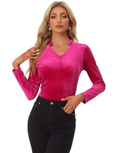 Allegra K Damen Velvet Oberteile Langarm V-Ausschnitt Lässig Samt Top Bluse Heiß Rosa L von Allegra K