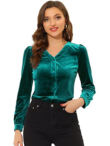Allegra K Damen Velvet Shirt Langarm V-Ausschnitt Samt Oberteil Elegant Top Bluse Grün L von Allegra K