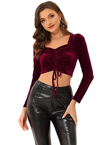 Allegra K Damen Samt Top Langarm Herzform Ausschnitt Kordelzug Knoten Crop Top Burgunderrot L von Allegra K