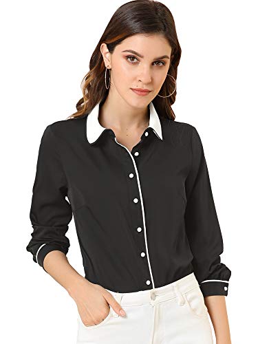 Allegra K Damen Vintage Button Down Hemd Langarm Kontrast Peter Pan Kragen Büro Arbeit Bluse, schwarz, X-Groß von Allegra K