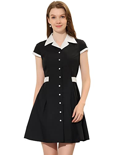 Allegra K Damen Vintage Button Down Hemdkleid Revers Kurzarm Gürtel Büro Mini Kurze Kleider, Schwarz, X-Groß von Allegra K