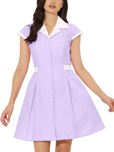 Allegra K Damen Vintage Button Down Hemdkleid Revers Kurzarm Gürtel Büro Mini Kurze Kleider, Violett, Mittel von Allegra K