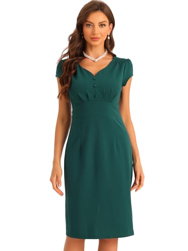 Allegra K Damen Vintage-Etuikleid, V-Ausschnitt, Flügelärmel, Geteilte Bleistiftkleider Grün XS von Allegra K