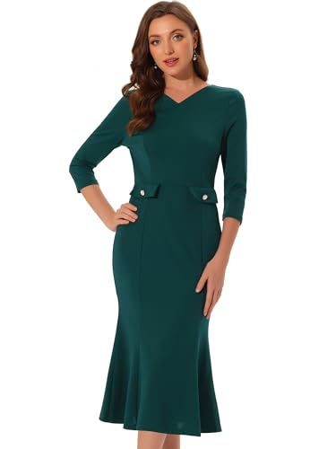 Allegra K Damen Vintage Figurbetontes Fischschwanz Kleid 3/4-Ärmel Arbeits Cocktailkleider Grün L von Allegra K