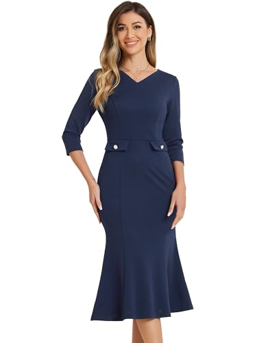 Allegra K Damen Vintage Figurbetontes Fischschwanz Kleid 3/4-Ärmel Arbeits Cocktailkleider Marine Blau M von Allegra K