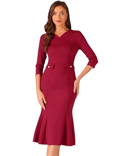 Allegra K Damen Vintage Figurbetontes Fischschwanz Kleid 3/4-Ärmel Arbeits Cocktailkleider Rot XS von Allegra K