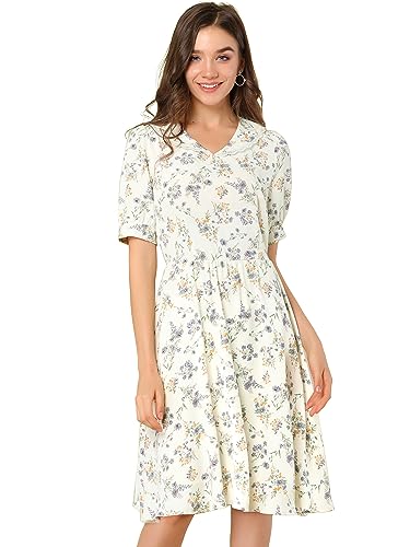 Allegra K Damen Vintage Floral Peter Pan Kragen Hohe Taille Puffärmel A-Linie fließendes Midikleid, Weiß, Groß von Allegra K