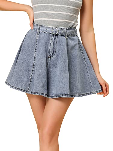 Allegra K Damen Vintage Jeans Sommer Hohe Taille mit Gürtel A-Linie Mini Denim Rock Blau M von Allegra K