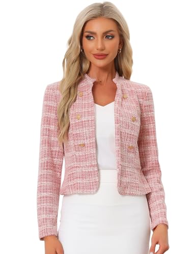 Allegra K Damen Vintage Karierter Tweed Blazer Offen Schmale Passform Büro Cropped Jacke Rot L von Allegra K