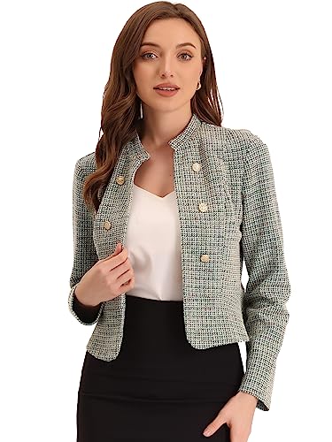 Allegra K Damen Vintage Karierter Tweed Blazer Offen Schmale Passform Büro Cropped Jacke Beige L von Allegra K