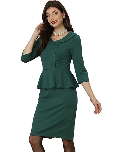 Allegra K Damen Vintage Kleid 3/4-Ärmeln Knopfverschluss Vorne Kleid Grün M von Allegra K