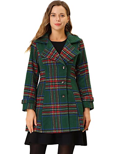 Allegra K Damen Vintage Plaid Einreiher Revers Lange Ärmel Winter Mittellanger Trenchcoat Grün L von Allegra K