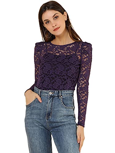 Allegra K Damen Vintage Semi Sheer Puff Langarm Stickerei Bluse Spitze Top - Violett - X-Groß von Allegra K