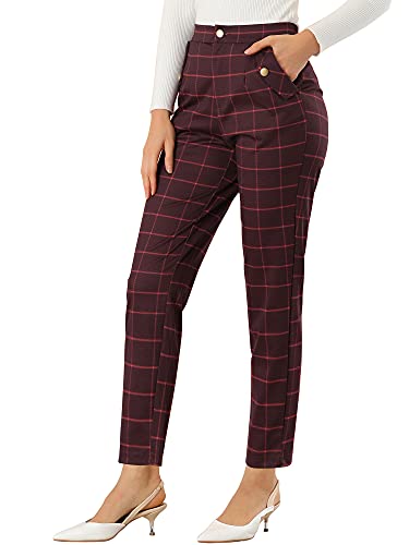 Allegra K Damen Vintage Tartan Plaid Hose Elastische Taille Gerade Lange Hose, Burgunder, M von Allegra K