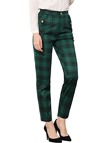 Allegra K Damen Vintage Tartan Plaid Hose Elastische Taille Gerade Lange Hose, Grün , X-Klein von Allegra K