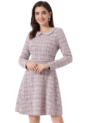 Allegra K Damen Vintage Tweed Kleid Kariert Gitter Bubikragen Langarm A-Linie Minikleid Rosa L von Allegra K