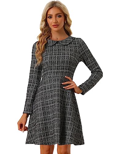 Allegra K Damen Vintage Tweed Kleid Kariert Gitter Bubikragen Langarm A-Linie Minikleid Schwarz S von Allegra K