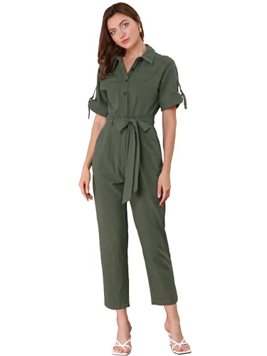 Allegra K Damen Vintage Umlegekragen Knopfleiste Krawatte Taille Jumpsuit mit Taschen - Gr�n - Klein von Allegra K