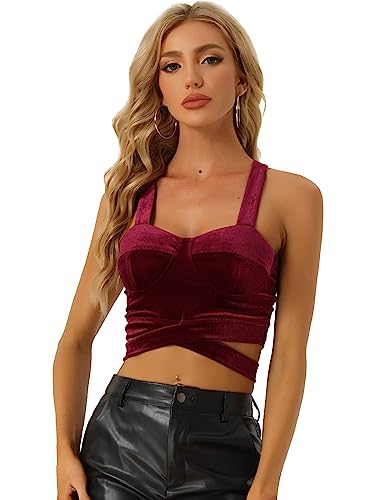 Allegra K Damen Ärmellose Spaghetti Strap Samt Party Tiefer V Cami Crop Tanktop Burgund XL von Allegra K