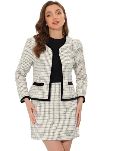 Allegra K Damen Anzug Set Zweiteilige Outfits Kariert Tweed Kurzblazer Jacke und Rock Set Weiß S von Allegra K