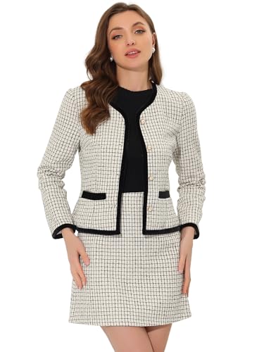 Allegra K Damen Business Anzug Set Zweiteilige Outfits Kariert Tweed Kurzblazer Jacke und Rock Set Weiß S von Allegra K