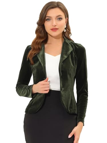 Allegra K Damen Blazer Velvet Langarm Reverskragen Knopfleiste Front Samt Arbeit Jacke Armeegrün L von Allegra K
