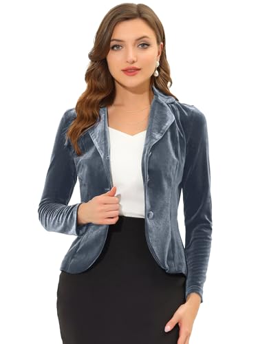 Allegra K Damen Blazer Velvet Langarm Reverskragen Knopfleiste Front Samt Arbeit Jacke Grau Blau M von Allegra K
