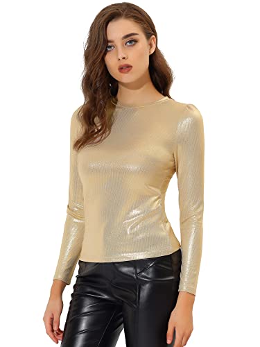 Allegra K Damen Bluse Metallic Langarm Party Rundhals Elegant Glitzer Club Oberteil Top Gold Glänzend XL von Allegra K