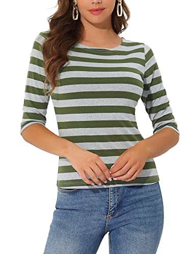 Allegra K Damen Gestreiftes Shirt U Boot Ausschnitt Halbarm Party Ferien Streifen Top Bluse Armee-Grün-Grau XL von Allegra K
