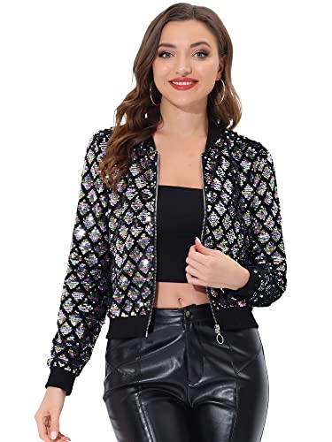 Allegra K Damen Glitzer Pailletten Bomberjacke Langarm Reißverschluss Party Club Kurze Jacke Splitter Rosa XS von Allegra K