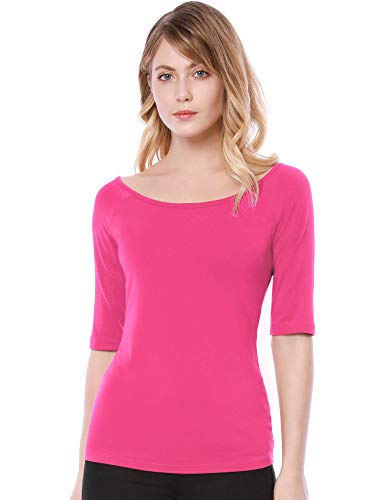 Allegra K Damen Halbarm Bluse T-Shirt Rundhals Slim Fit Einfarbig Oberteil Pink S von Allegra K