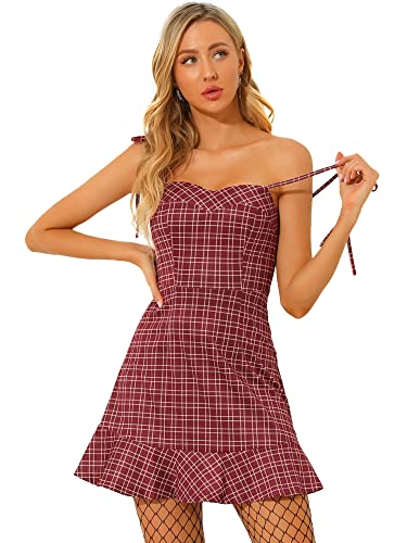 Allegra K Damen Weihnachten Kariert Plaid Rüschensaum Spaghettiträger Sommer Flare Mini Slip Christmas Kleid Weinrot XL von Allegra K